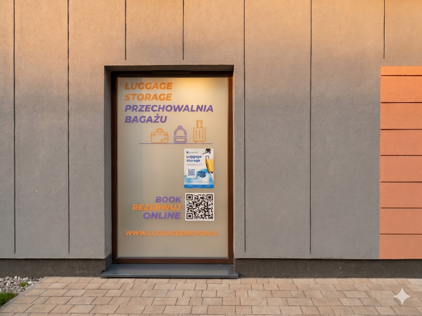 Zbliżenie na witrynę przechowalni Luggage Drop